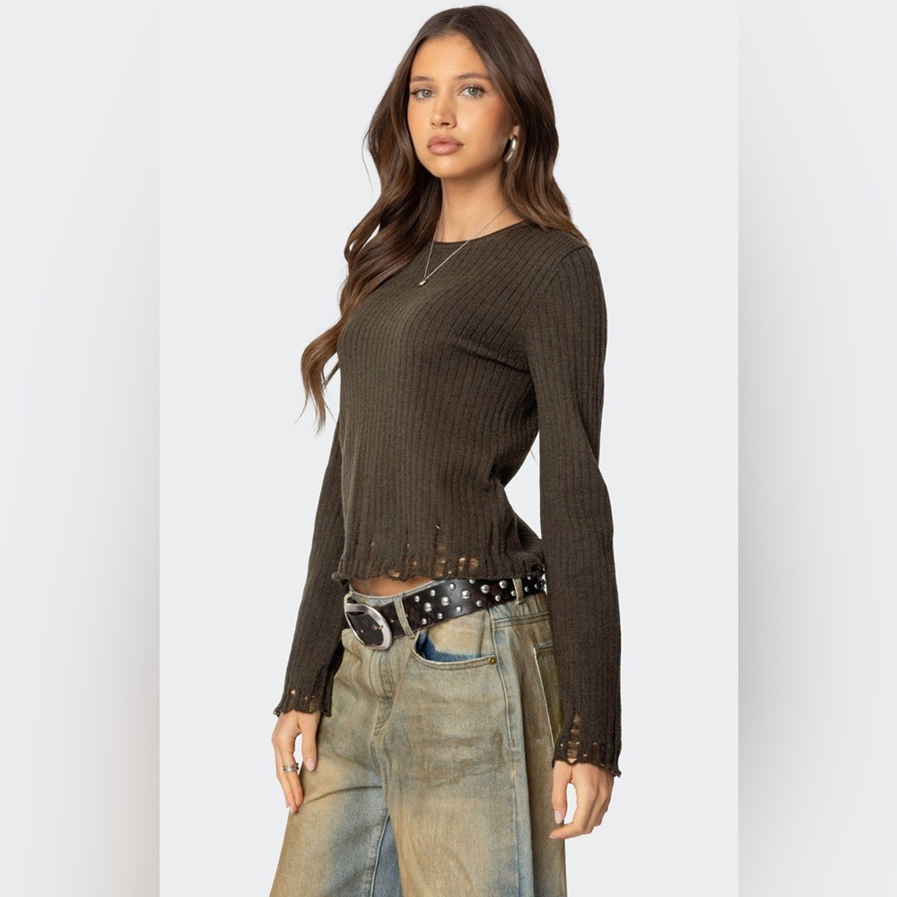 Edikted Distressed Ribbed Knit Sweater - Picture 4 of 10